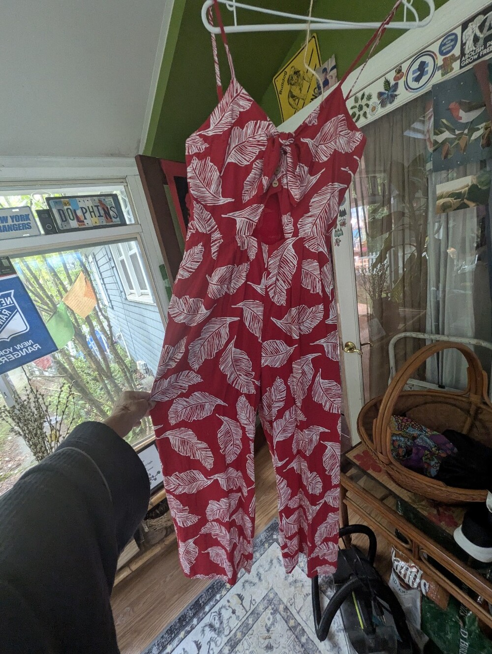 J.O.A. Red Leaf-Print Spaghetti-Strap Jumpsuit